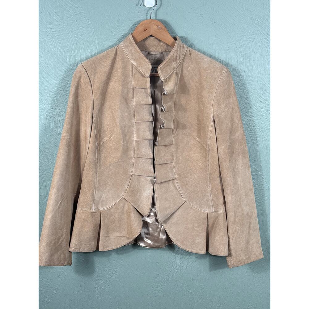 Women's Taupe Suede Ruffle Front Blazer - Picture 9 of 11